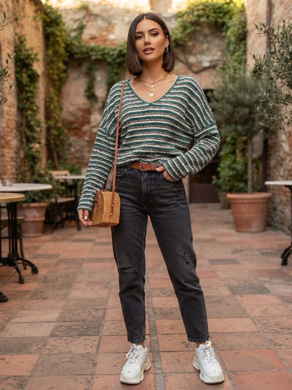 Vintage Striped V-Neck Sweater Blouse